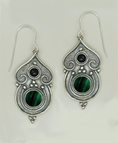 Sterling Silver Gothic Inspired Drop Dangle Earrings With Malachite And Black Onyx